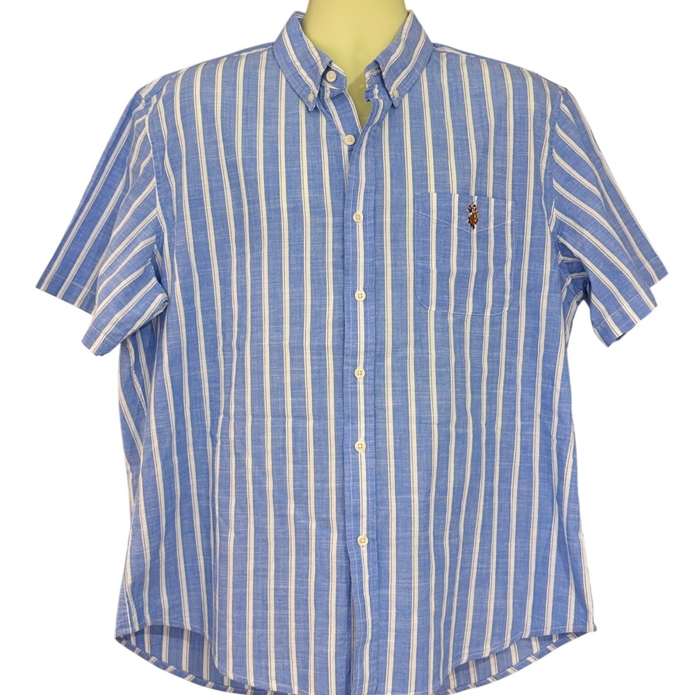 US Polo Assn Mens XL Blue White Striped Short Sleeve Button Down Stretch Shirt